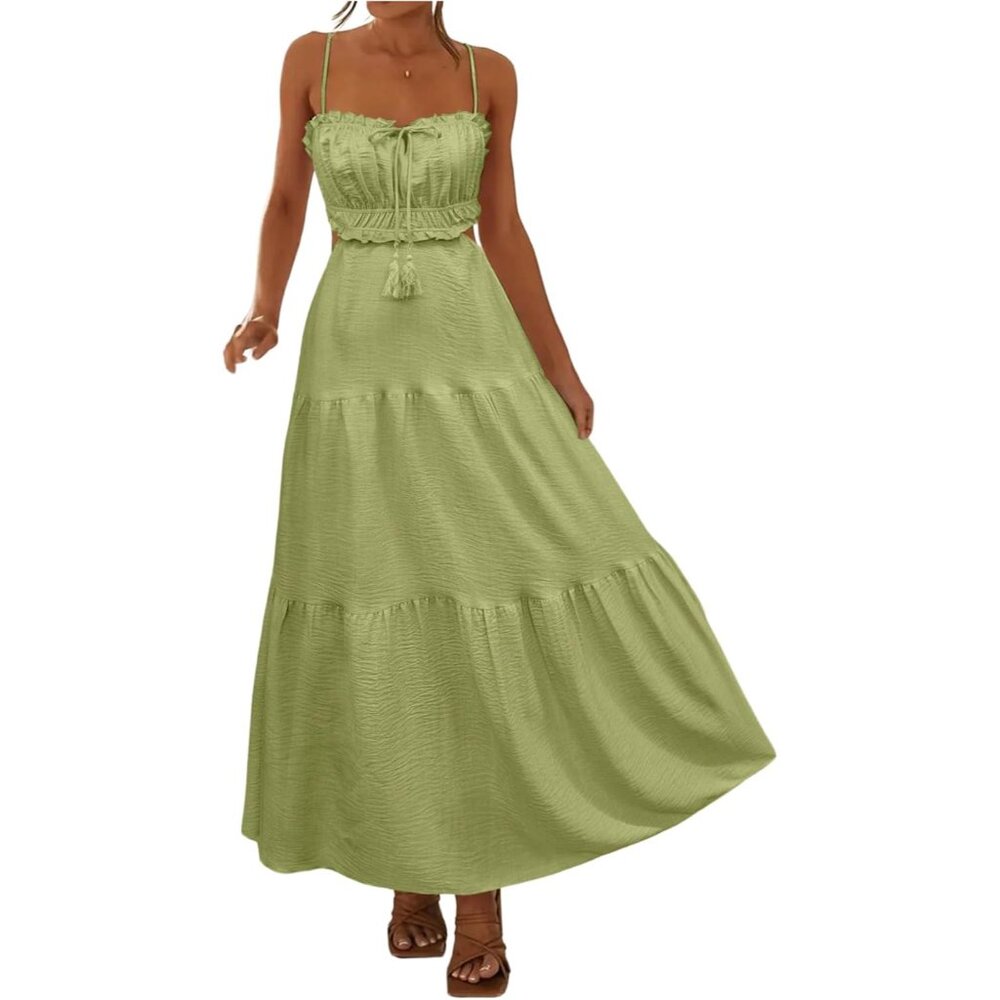 Women's Maxi Dress Frill Trim Sleeveless Summer Casual Elegant Green
